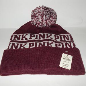 Victoria's Secret Maroon Beanie PINK pom pom new with tags.